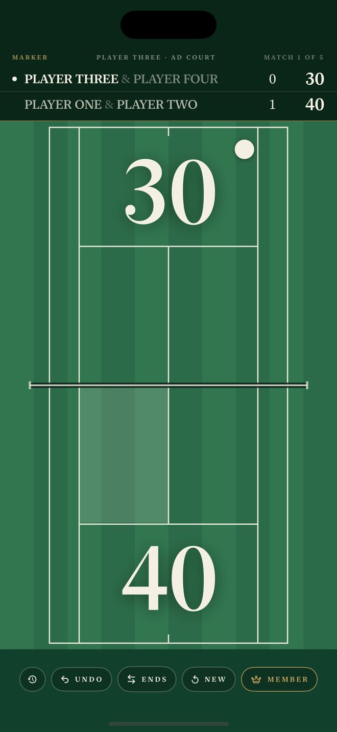 Marker on iPhone during a doubles match: a court fills the screen with 30 on one half and 40 on the other, and the names and games above.
