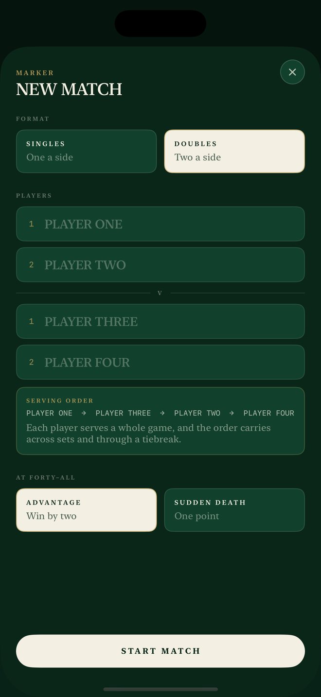 Marker’s New match screen with Singles or Doubles, player names, serving order, and Advantage or Sudden death.