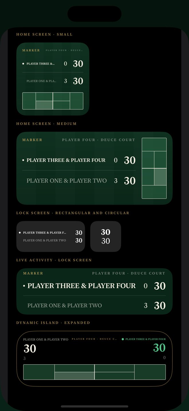 Marker’s widgets: small and medium Home Screen widgets, Lock Screen widgets, a Live Activity and the expanded Dynamic Island, each showing the score.